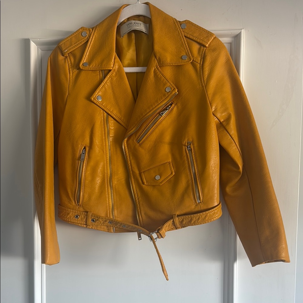Zara Yellow Leather Moto Jacket Asymmetrical Zipper